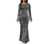 VERWIN Women's Sequins Bodycon Round Neck Long Sleeve Sparkly Mermaid Maxi Casual Party Cocktail Dress L Silver