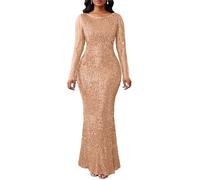 VERWIN Women's Sequins Bodycon Round Neck Long Sleeve Sparkly Mermaid Maxi Dress for Casual Party Cocktail XL Camel