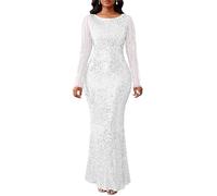 VERWIN Women's Sequins Bodycon Round Neck Long Sleeve Sparkly Mermaid Maxi Dress for Casual Party Cocktail L White