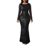 VERWIN Women's Sequins Bodycon Sparkly Mermaid Maxi Dress - Round Neck, Long Sleeve, Casual Party Cocktail Dress - XL Black