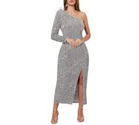 VERWIN Women's Sequins Dress One Shoulder Bodycon Oblique Collar Maxi Dress Sparkly Spilt Wrap Cocktail Dress M Gray