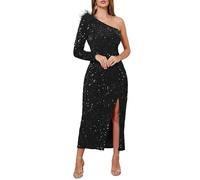 VERWIN Women's Sequins Dress One Shoulder Bodycon Oblique Collar Maxi Dress Sparkly Spilt Wrap Cocktail Dress M Black