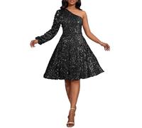 VERWIN Women's Sequins One Shoulder Long Sleeve Skater Dress - Sleeveless Midi Sparkly Casual Party Cocktail Dress XXL Black