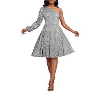 VERWIN Women's Sequins One Shoulder Long Sleeve Skater Dress Sleeveless Midi Sparkly Casual Party Cocktail Dress L Gray