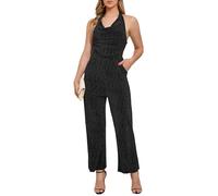 VERWIN Women's Sparkly Rhinestone Jumpsuit Halter Neck Draped Ruched Front Backless Sleeveless Party Night Out Romper with Pockets L Black