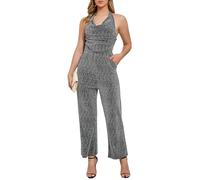 VERWIN Women's Sparkly Rhinestone Jumpsuit Halter Neck Draped Ruched Front Backless Sleeveless Party Night Out Romper with Pockets L Silver