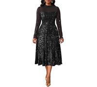 VERWIN Women's Sparkly Round Neck Long Sleeve A Line Prom Party Cocktail Midi Sequins Dress with Pockets L Black