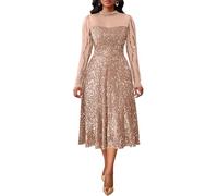 VERWIN Women's Sparkly Round Neck Long Sleeve A Line Prom Party Cocktail Midi Sequins Dress with Pockets XXL Champagne