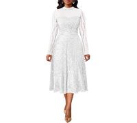 VERWIN Women's Sparkly Round Neck Long Sleeve A Line Prom Party Cocktail Midi Sequins Dress with Pockets XXL White