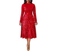 VERWIN Women's Sparkly Round Neck Long Sleeve A Line Prom Party Cocktail Midi Sequins Dress with Pockets M Red