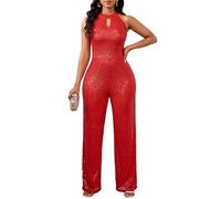 VERWIN Women's Sparkly Sequins Jumpsuit Halter Neck Bodycon Sleeveless Party Night Out Romper L Red
