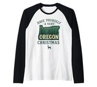Very Oregon Christmas Shirt Lights Map Pine Trees Forest Raglan Baseball Tee
