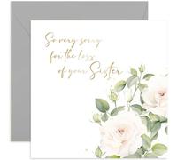 Very Sorry For The Loss of Your Sister Card - White Roses Painting Sympathy Condolences Card - Thinking of You, Bereavement, Mourning | Blank Inside