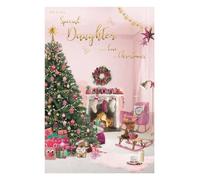 Very Special Daughter Christmas Card - Christmas Tree and Pink Decorations Embossed with Foil and Flitter Details - By ICG
