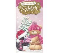 Very Special Sister Christmas Card, Cute Teddy and Penguin Design, 23 x 13 cm