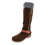 Very Thin Calf Boots Woman Suede Block Heel Big Size 2025 New Bootie Assemble Booties Round Toe Zip Boot With Buckle Strap Chic Over The Knee High Boots, Brown, 6 UK