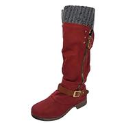 Very Thin Calf Boots Woman Suede Block Heel Big Size 2025 New Bootie Assemble Booties Round Toe Zip Boot With Buckle Strap Chic Over The Knee High Boots, Red, 7 UK