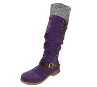 Very Thin Calf Boots Woman Suede Block Heel Big Size 2025 New Bootie Assemble Booties Round Toe Zip Boot With Buckle Strap Chic Over The Knee High Boots, Purple., 4 UK