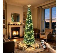 VeryMerry 5FT Pop Up Christmas Tree with Timer LED Lights, Green&White Tinsel Pencil Christmas Tree, Collapsible Artificial Xmas Tree