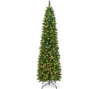 VeryMerry 5FT Pre Lit Christmas Tree Aspen Slim Pencil Tree with 200 Built-In Warm White LED Lights with Auto-Off Timer, 8 Lighting Modes and Foldable Metal Stand