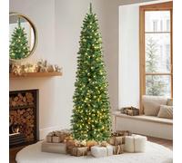 VeryMerry 5FT Pre Lit Christmas Tree Aspen Slim Pencil Tree with 200 Built-In Warm White LED Lights with Auto-Off Timer, 8 Lighting Modes and Foldable Metal Stand