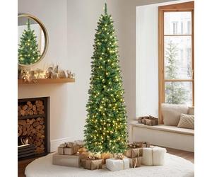VeryMerry 5FT Pre Lit Christmas Tree Aspen Slim Pencil Tree with 200 Built-In Warm White LED Lights with Auto-Off Timer, 8 Lighting Modes and Foldable Metal Stand