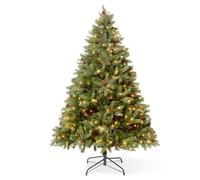VeryMerry 6FT 'Ascot' Pre-Lit Christmas Tree with 300 Built-In Warm White LED Lights with Auto-Off Timer, 8 Lighting Modes and Real Decorative Pinecones