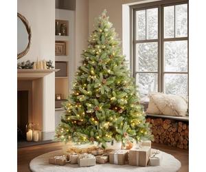 VeryMerry 6FT 'Ascot' Pre-Lit Christmas Tree with 300 Built-In Warm White LED Lights with Auto-Off Timer, 8 Lighting Modes and Real Decorative Pinecones