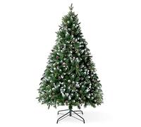 VeryMerry 6FT 'Glacier' Snowy Christmas Tree with Real Frosted Pinecones, Foldable Metal Stand, Snow Flocked Artificial Tree PVC and PE tips