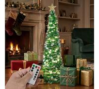 VeryMerry 6FT Pop Up Christmas Tree with Timer LED Lights, Green&White Tinsel Pencil Christmas Tree, Collapsible Artificial Xmas Tree