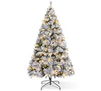 VeryMerry 6FT Pre Lit Snowy Christmas Tree with 300 Built-In Warm White LED Lights with Auto-Off Timer, 8 Lighting Modes, Foldable Metal Stand, Snow Flocked Artificial Tree