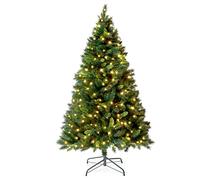 VeryMerry 6FT 'Snowhill' Pre Lit Christmas Tree with 300 Built-In Warm White LED Lights with Auto-Off Timer, 8 Lighting Modes and Foldable Metal Stand