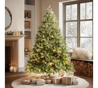 VeryMerry 7FT 'Ascot' Pre-Lit Christmas Tree with 400 Built-In Warm White LED Lights with Auto-Off Timer, 8 Lighting Modes and Real Decorative Pinecones