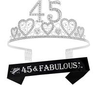 VeryMerryMakering 45th Birthday Sash and Tiara for Women - Fabulous Glitter Sash + Hearts Rhinestone Silver Premium Metal Tiara for Her, 45th Birthday Gifts for 45 Party
