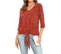 Veryoung Fall Dressy Chiffon Blouses for Women V Neck Tie Front 3/4 Sleeve Tops Business Casual Office Work Loose Top Shirts, D01-flower Wine Red, S