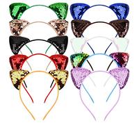 Vesaneae 10 Pieces Cat Ear Hair Hoops,Hair Hoop Shiny Reversible Sequin,Cat Ears Headbands,Glitter Cat Ears Headband,Cat Ears Headbands Sequins,for Women Girls Daily Life and Party Supplies