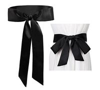 Vesaneae Women Satin Sash Belt - Bridal Wedding Bow Knot Decorated Waist Band for Bridesmaid Dress - Vintage Long Black