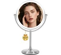 VESAUR 9" Large Lighted Makeup Mirror, 5000 mAh Rechargeable Double Sided Magnifying Mirror with 3 Dimmable Colors, 1X/15X 360° Rotation Vanity Mirror, Detachable Base Travel Cosmetic Mirror, Nickel