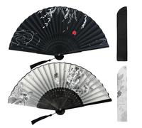 Vesavifaka 2 Pack Silk Satin Fabric Hand Fans, Chinese Fan, Hand Fan Folding, Hollow Carved Bamboo Folding Hand Fan Handheld Fan for Wedding, Gifts, Performance, Dancing, Home Decoration