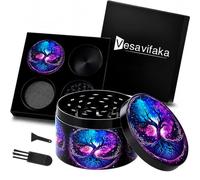 Vesavifaka Grinder Large Crusher, 63 mm Tree of Life with Starry Sky Grinder, 4 Layers, for Spice, Herbs, Seasonings, Herb, Coffee with Pollen Scraper and Brush, Gift for Special Occasions