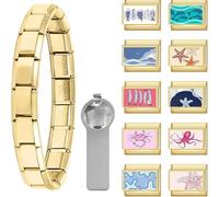Vesavifaka Italian Charm Bracelet Charms Gold Set with 1Pcs Starter Brascelet, 10pcs Ocean Theme Italian Charms with Opening Tool, 9mm Modular Italian Charm Bulk Pack Links Handmade DIY Jewelry