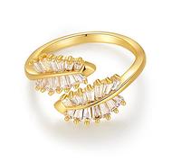 Vescence 18K Gold Plated CZ Open Ring Double Leaf Wrap Rings Adjustable | CZ Stacking Ring in Gold | Unique Statement Ring Cocktail Party Ring Hypoallergenic, 18k Gold,Gold,Brass, Cubic Zirconia