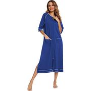 Veseacky Cotton Women's Zipper Front Robe Pajamas Home Clothes Lactation Clothes Mid-Sleeve Home Clothes and Body Robe (Blue, XXL)