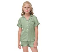 Veseacky Girls Boys Button Up Pajama Set Satin Silk Short Sleeve Shirt & Pant PJ Sleepwear (Light green,10-11y)