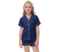 Veseacky Girl's Satin Pajamas Set Short Sleeve Button Sleep Shirt with Silky Shorts Set PJ for Teens (Navy Blue Dots,size 12)
