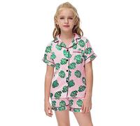 Veseacky Girls Silk Pajamas Boys Baby Button Down Hawaiian Flower Pajama Set Short Sleeve Pjs Summer Lounge Sets Sleepwear (Green leaf,12y)