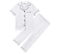 Veseacky Girls Silk Pajamas Short Sleeve Pjs for Kids Satin Two Piece Lounge Sets Button Down Sleepwear with Long Pants (White,12y)