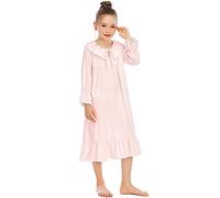 Veseacky Mom and Me Vintage Cotton Pajama Dress Long Sleeve Princess Sleepshirt for Little Kids (Pink,10-11 Years)