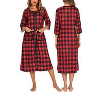 Veseacky Plus Size Womens Duster Coat 3/4 Sleeve Full Zipper Bathrobe Soft Cotton Lounge Dress Red Plaid XXL