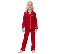 Veseacky Silk Pjs for Girl's Satin Pajamas Set Short Sleeve Button Sleep Shirt with Silky Shorts Set PJ for Teens (Red,size 12)